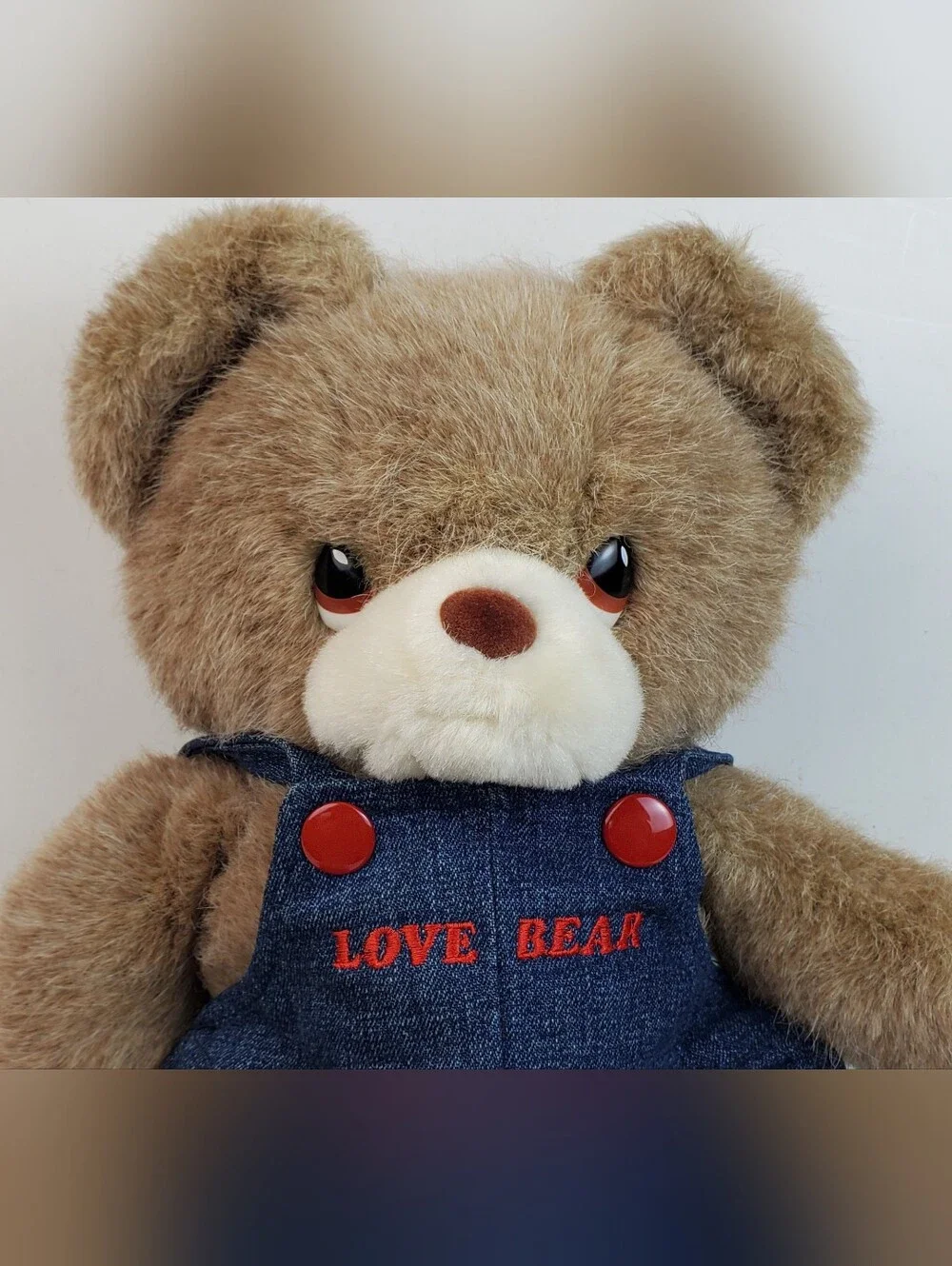 Russ Berrie VTG Love Bear Jean Denim Bib Overalls Caress Soft Plush Korea - GUC